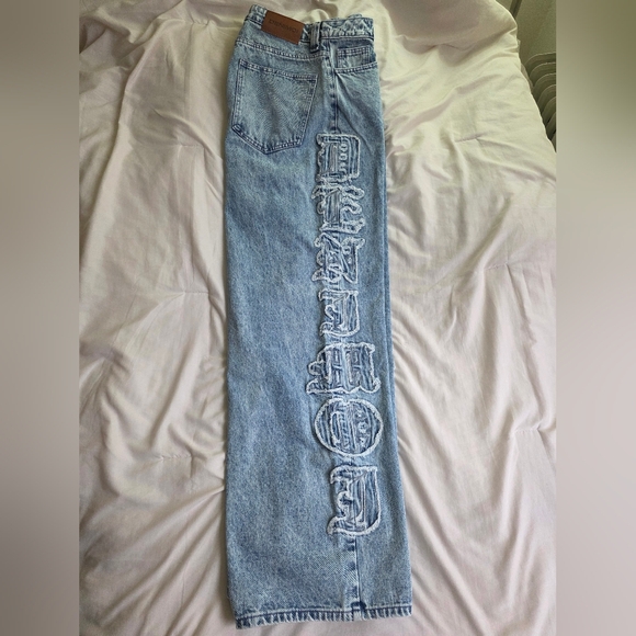 Shein Denimoi Verbiage Frayed Patches Baggy Fit Denim Jeans Nwt - Picture 5 of 5